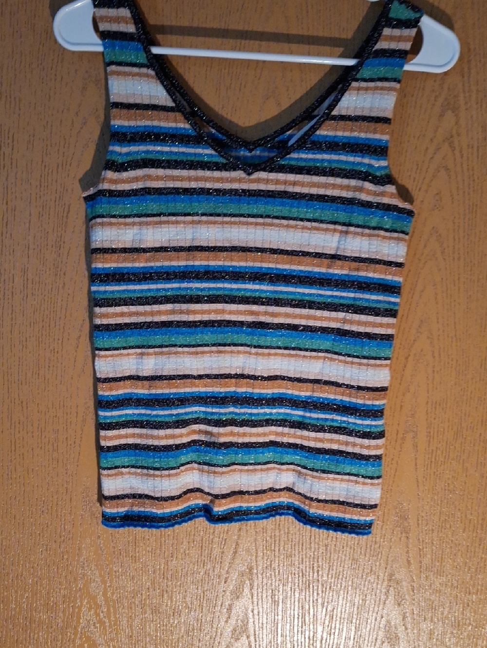 Nine West Multicolor Striped V-Neck Tank — Blue, Green, Black, Tan